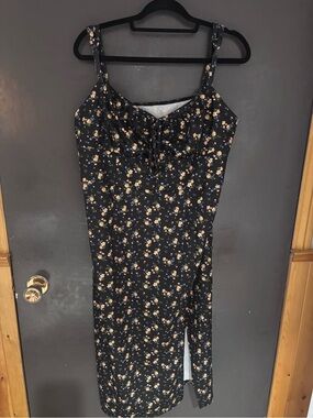 SHEIN Black Floral Tie-Front Midi Dress